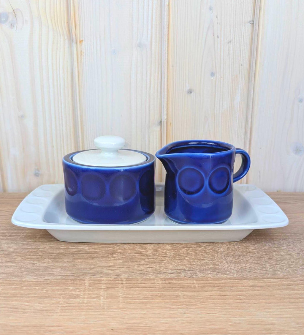Sugar bowl, Creamer and Tray Set, Kahla Duett, cobalt blue porcelain, GDR East Germany, 1960s 1970s
