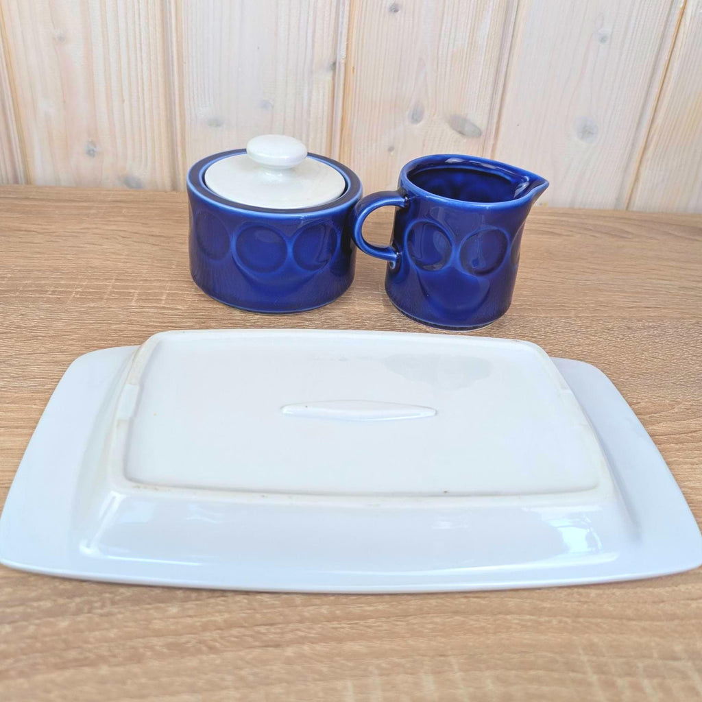 Sugar bowl, Creamer and Tray Set, Kahla Duett, cobalt blue porcelain, GDR East Germany, 1960s 1970s
