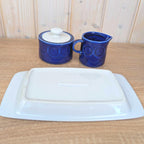 Sugar bowl, Creamer and Tray Set, Kahla Duett, cobalt blue porcelain, GDR East Germany, 1960s 1970s