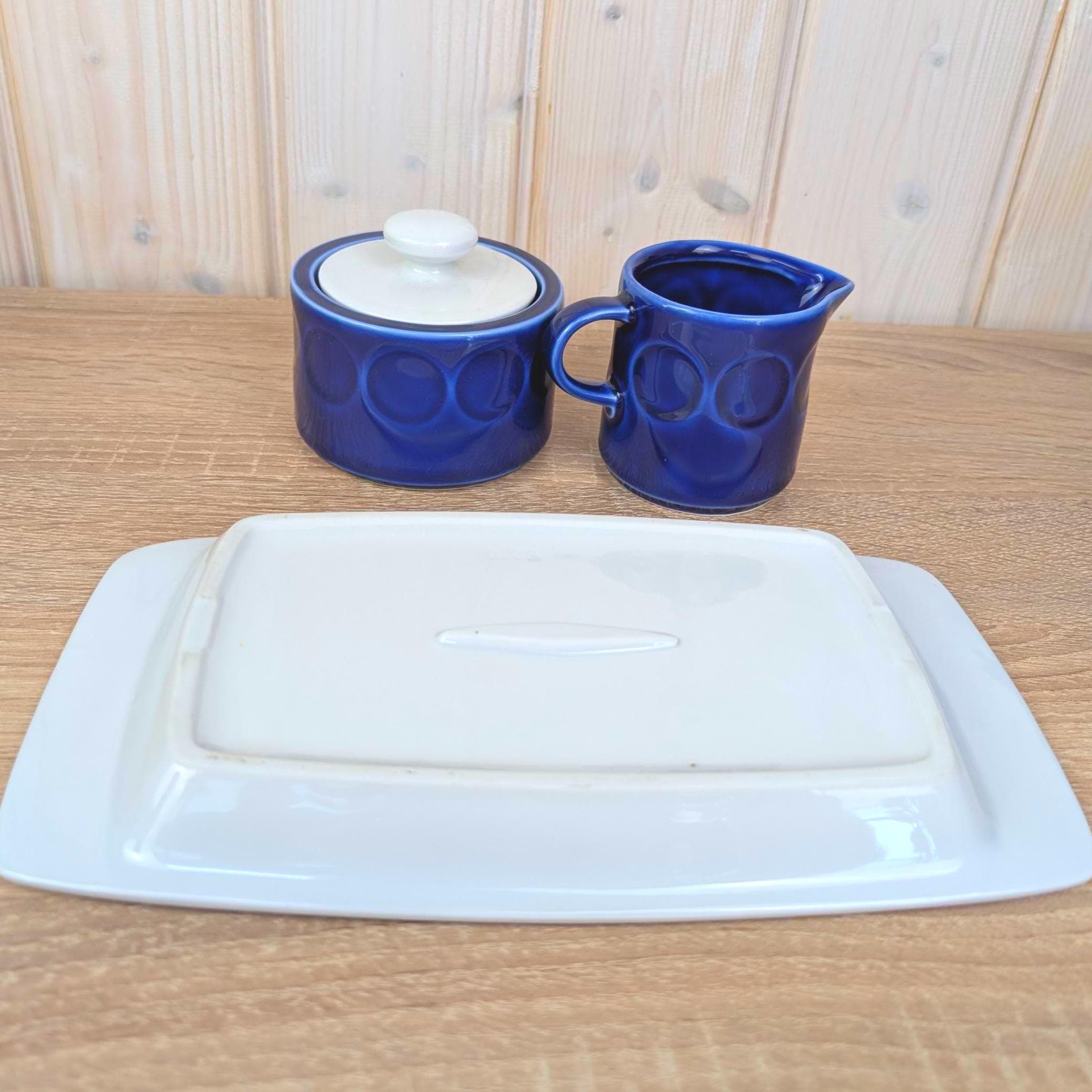 Sugar bowl, Creamer and Tray Set, Kahla Duett, cobalt blue porcelain, GDR East Germany, 1960s 1970s