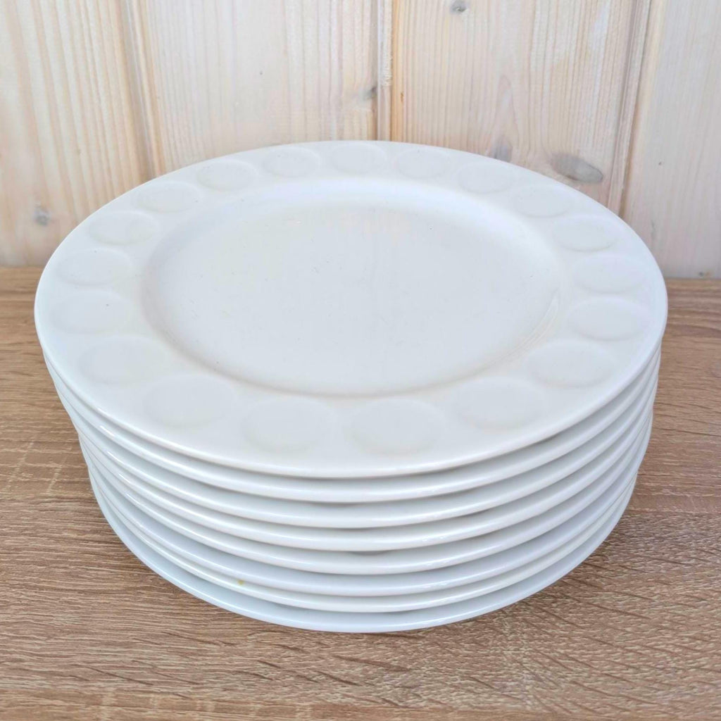 Breakfast Plates set of 8, Kahla Duett, white porcelain, circle relief rim, GDR East Germany, 1960s 1970s
