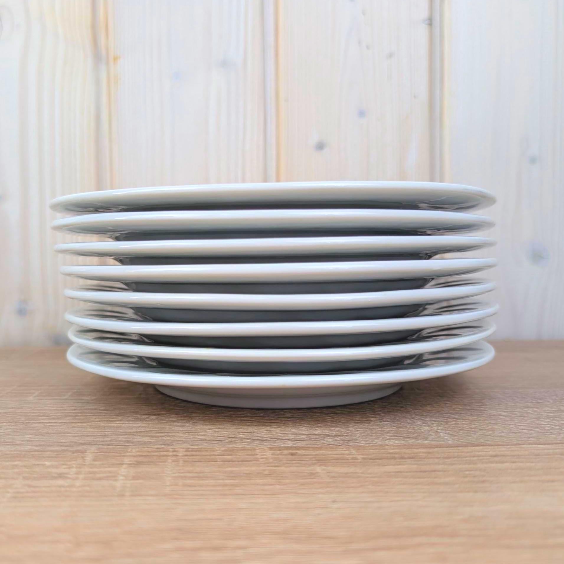 Breakfast Plates set of 8, Kahla Duett, white porcelain, circle relief rim, GDR East Germany, 1960s 1970s