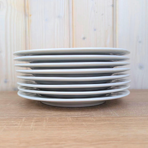 Breakfast Plates set of 8, Kahla Duett, white porcelain, circle relief rim, GDR East Germany, 1960s 1970s