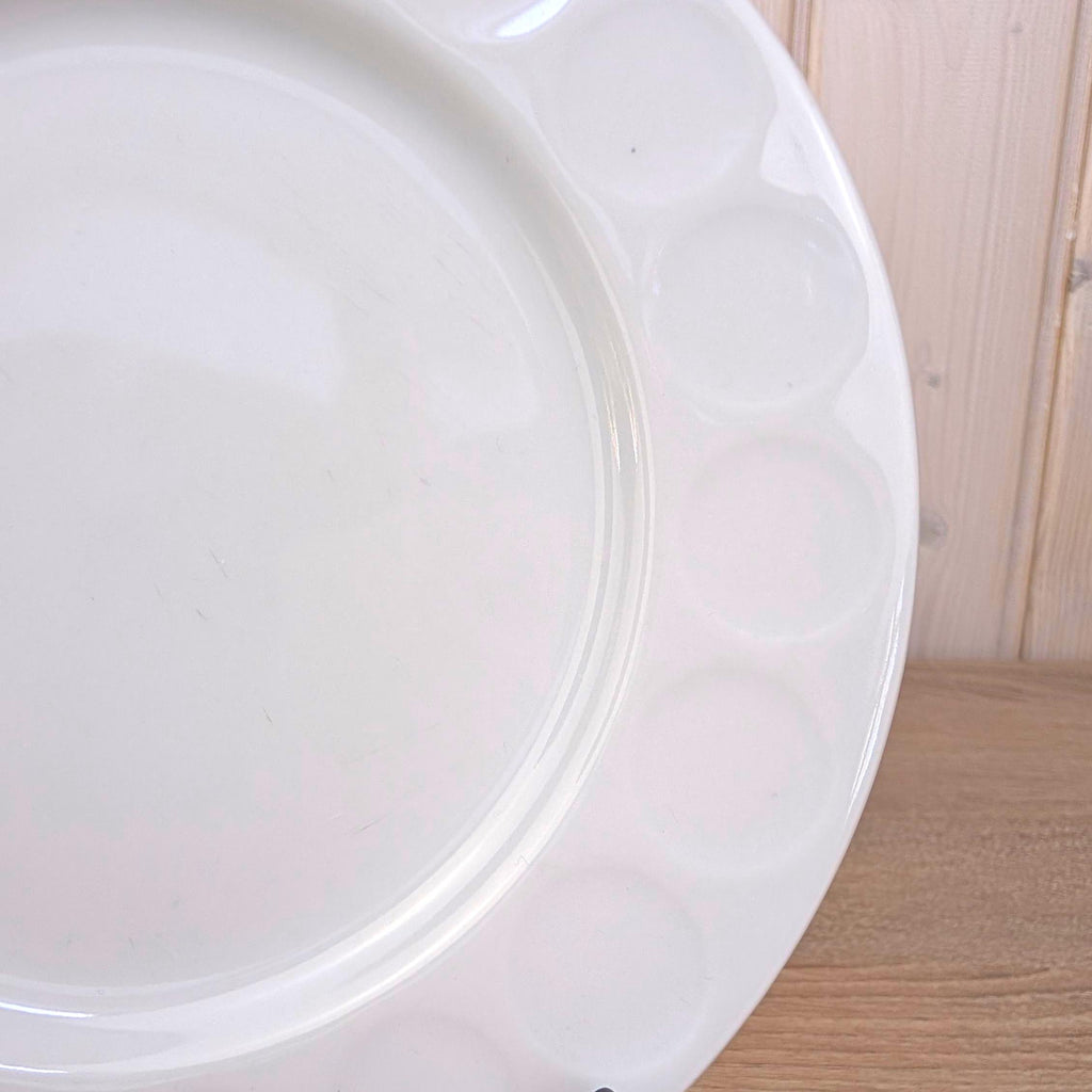 Breakfast Plates set of 8, Kahla Duett, white porcelain, circle relief rim, GDR East Germany, 1960s 1970s