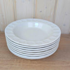 Soup or Pasta Plates Set of 8, Kahla Duett, white porcelain, circle relief rim, GDR East Germany, 1960s 1970s