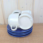 Cup and Saucer Set of 4, Kahla Duett, white cup cobalt blue saucer, GDR East Germany, 1960s 1970s