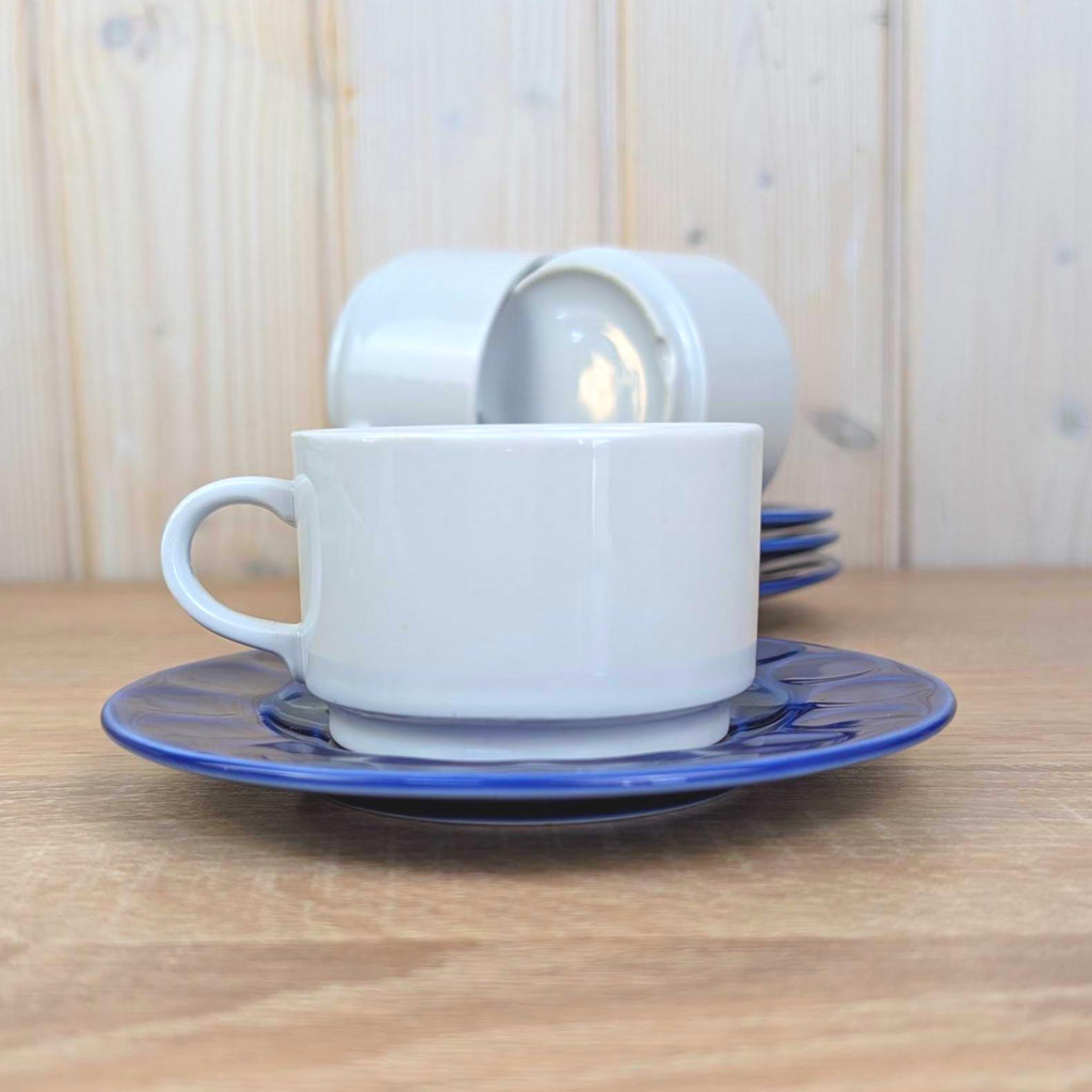 Cup and Saucer Set of 4, Kahla Duett, white cup cobalt blue saucer, GDR East Germany, 1960s 1970s