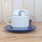 Cup and Saucer Set of 4, Kahla Duett, white cup cobalt blue saucer, GDR East Germany, 1960s 1970s