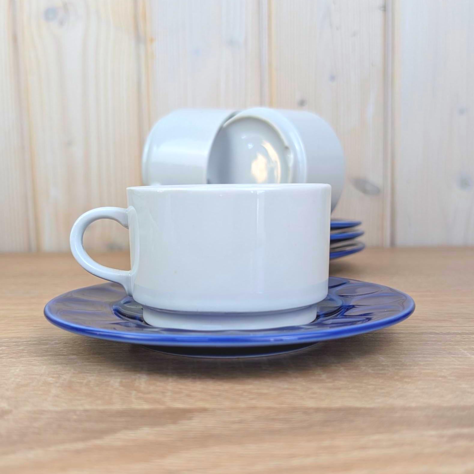 Cup and Saucer Set of 4, Kahla Duett, white cup cobalt blue saucer, GDR East Germany, 1960s 1970s
