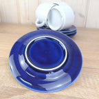 Cup and Saucer Set of 4, Kahla Duett, white cup cobalt blue saucer, GDR East Germany, 1960s 1970s