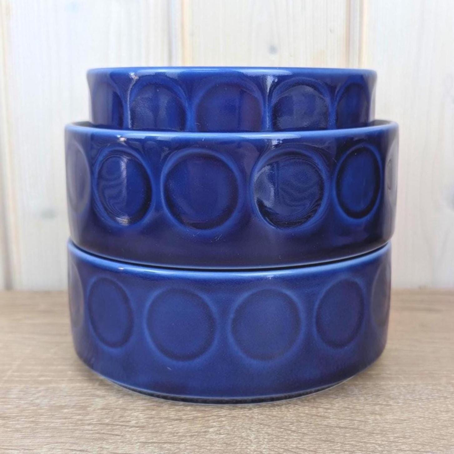 Bowls Set of 3, Kahla Duett, cobalt blue porcelain, circle relief, GDR East Germany, 1960s 1970s