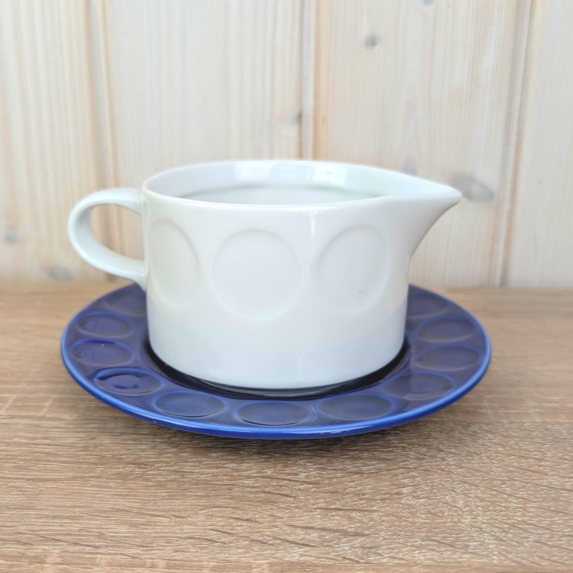 Gravy Boat with Saucer, Kahla Duett , white porcelain and cobalt blue, GDR East Germany, 1960s 1970s