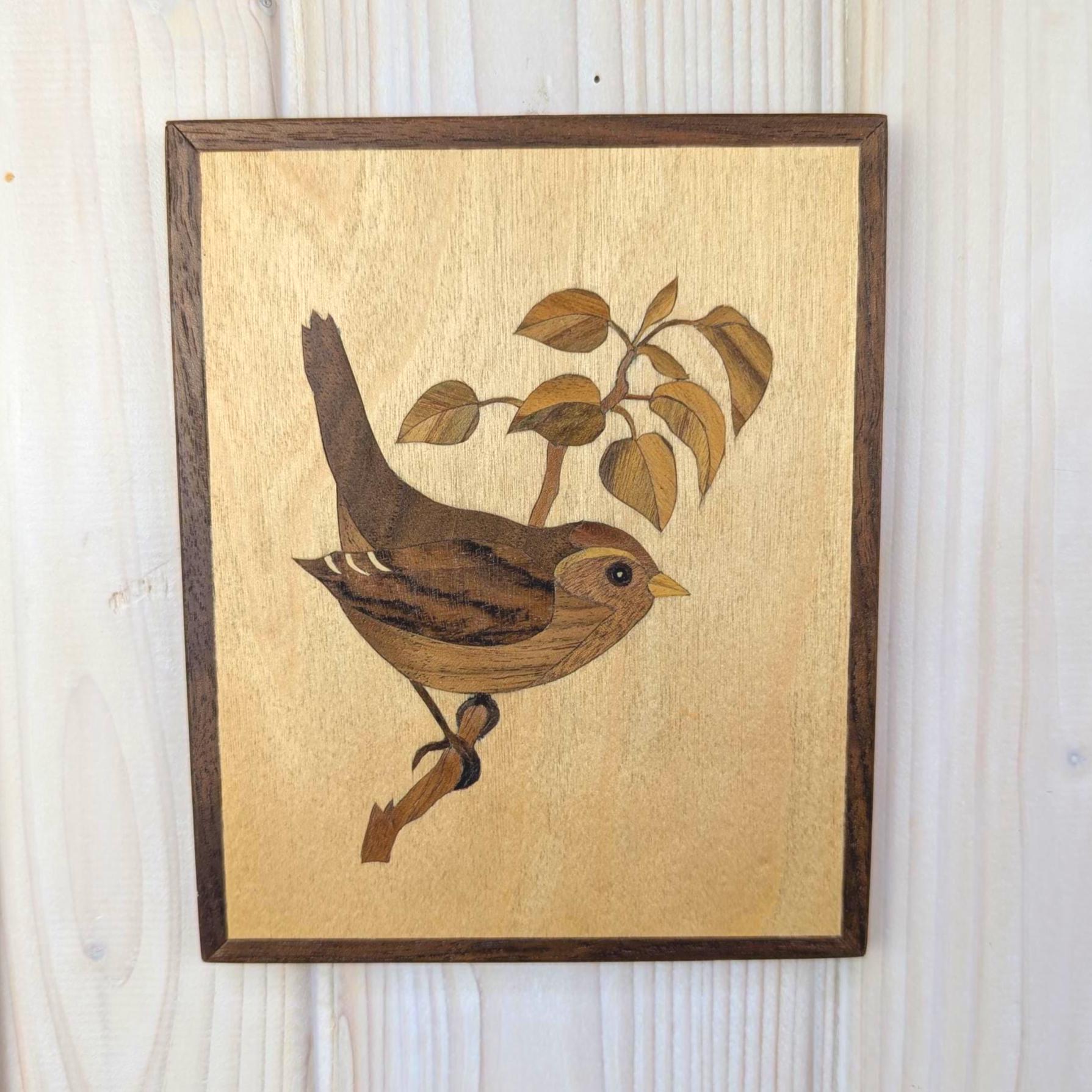 Wood marquetry bird panels set of 2, songbirds on branch, vintage wall art, 1960s 1970s