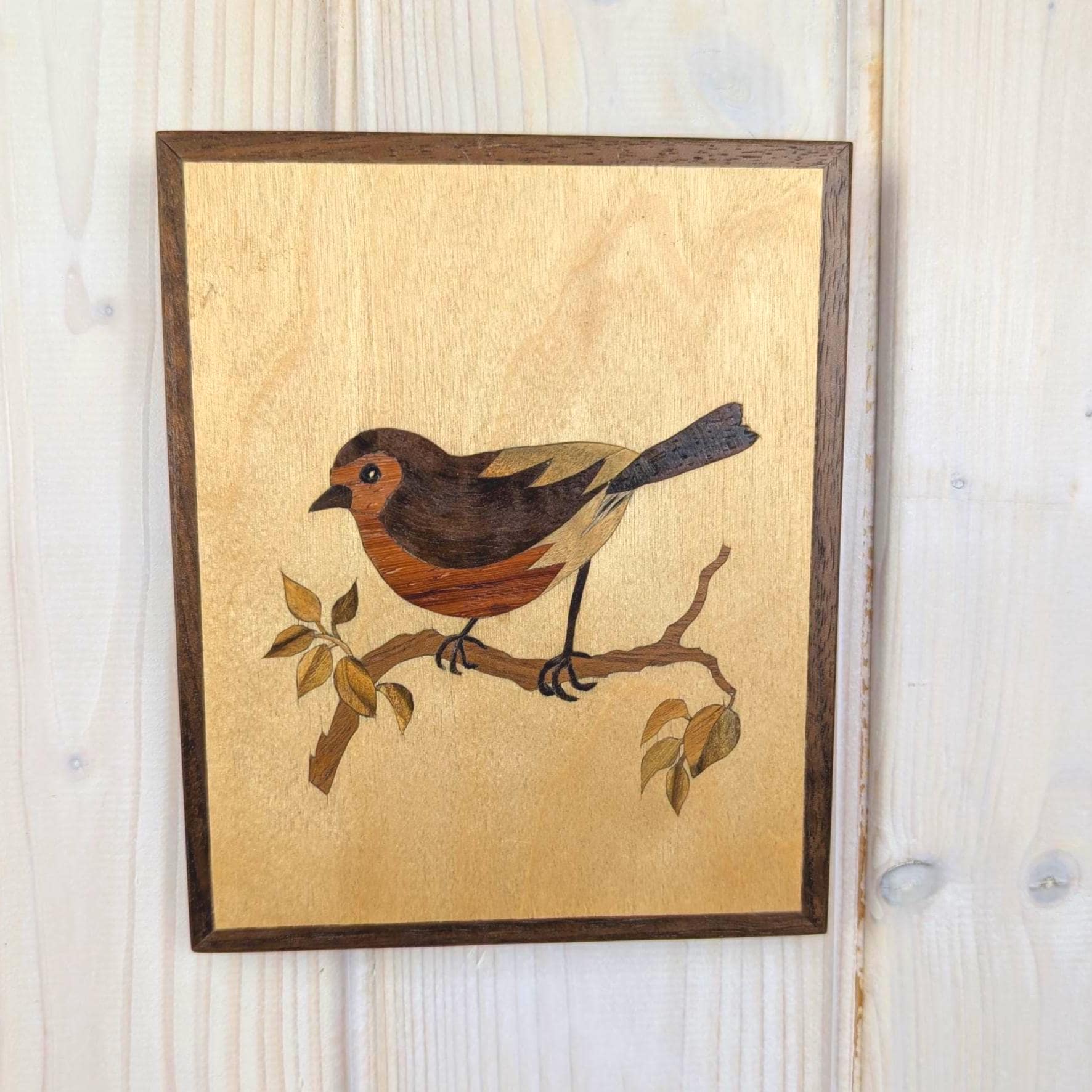 Wood marquetry bird panels set of 2, songbirds on branch, vintage wall art, 1960s 1970s