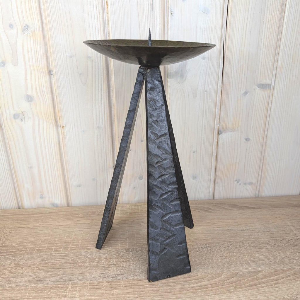 Brutalist Iron Tripod Candleholder, Hammered Metal Bowl, Hand Forged, 1970s