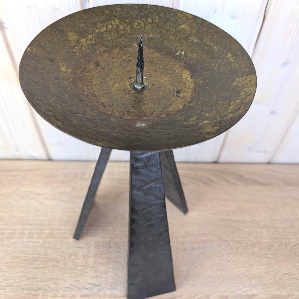 Brutalist Iron Tripod Candleholder, Hammered Metal Bowl, Hand Forged, 1970s