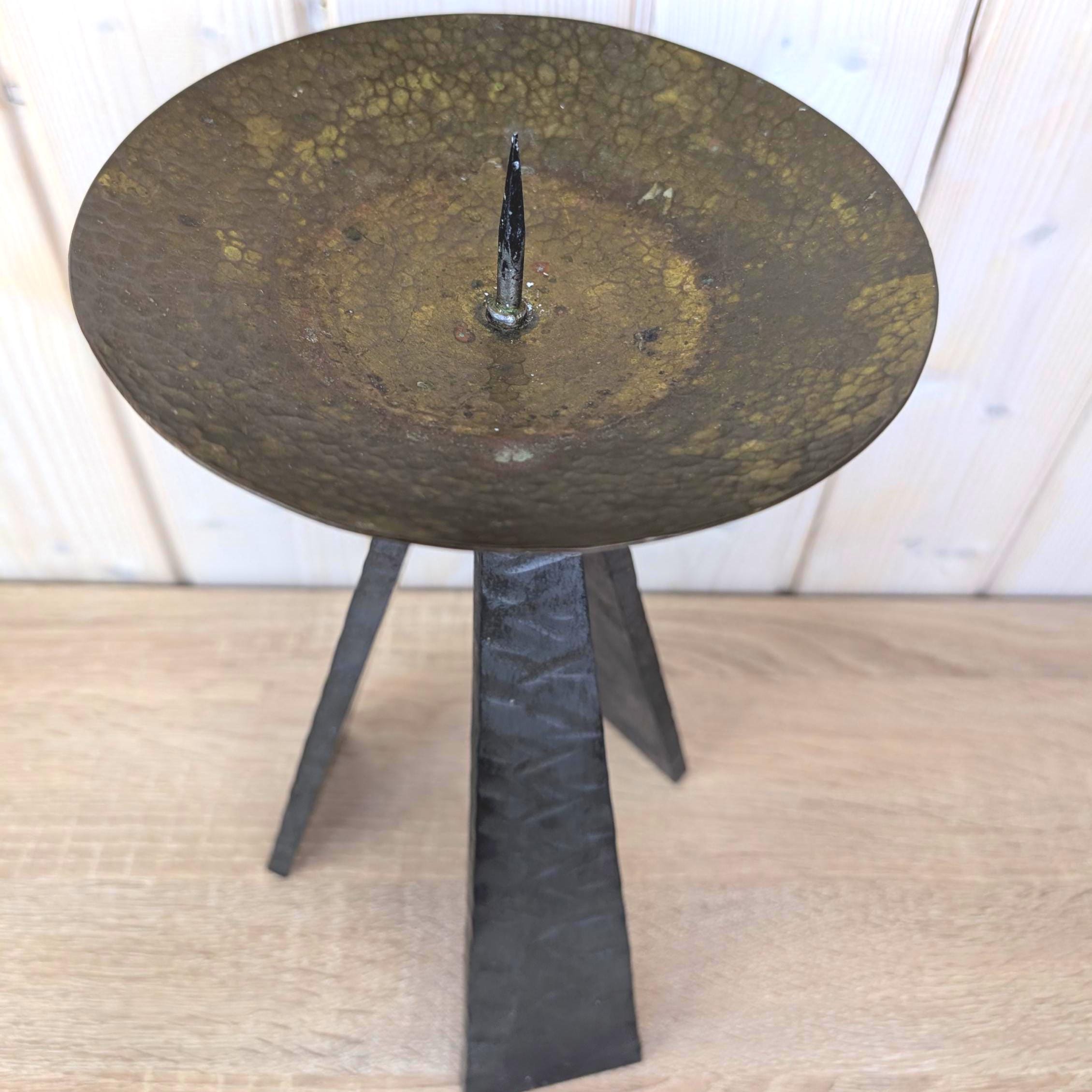 Brutalist Iron Tripod Candleholder, Hammered Metal Bowl, Hand Forged, 1970s