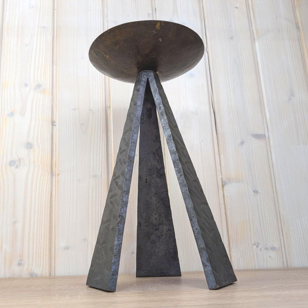 Brutalist Iron Tripod Candleholder, Hammered Metal Bowl, Hand Forged, 1970s
