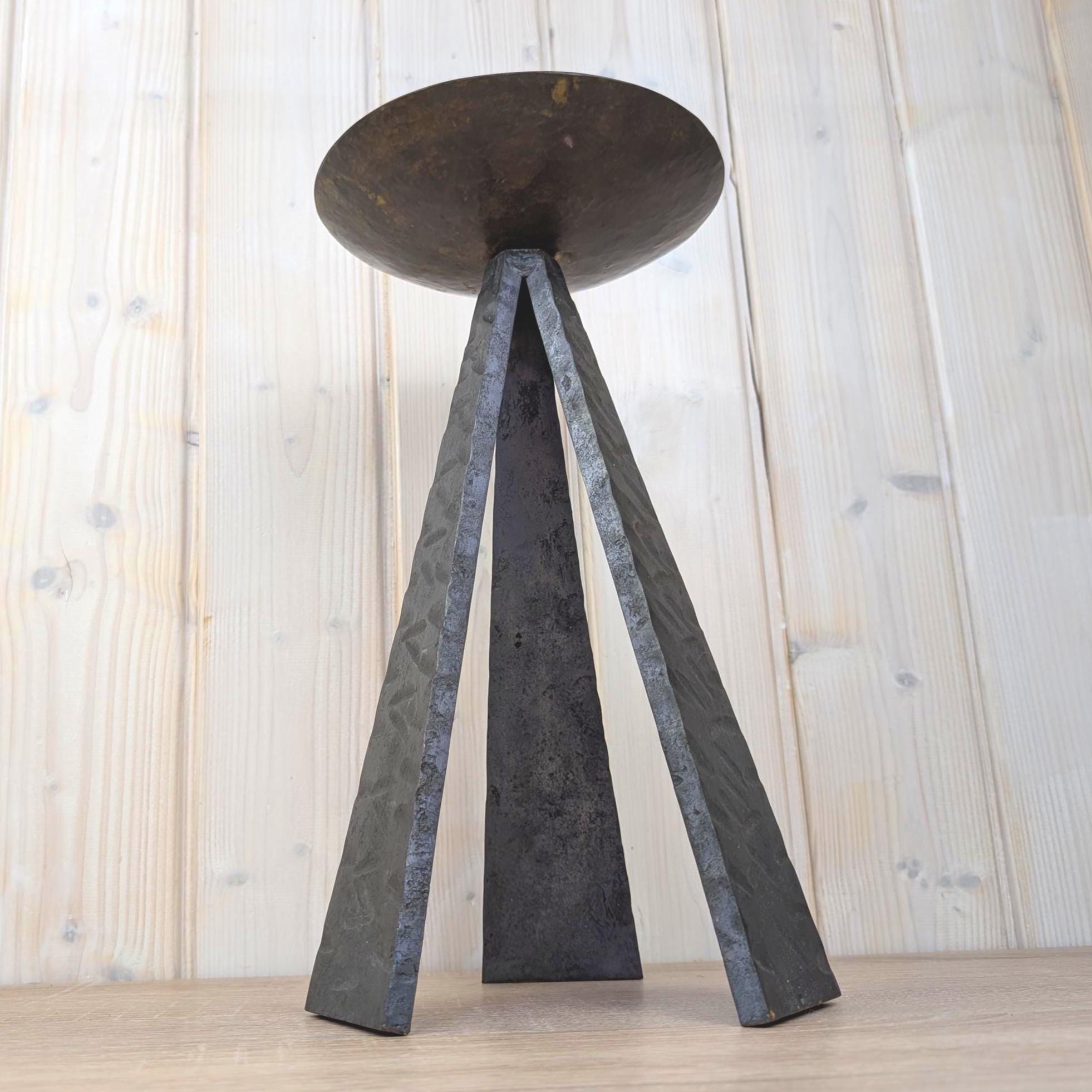 Brutalist Iron Tripod Candleholder, Hammered Metal Bowl, Hand Forged, 1970s