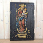 Cast Iron Fireback Madonna Child 1730, Polychrome Painted Relief, Antique Wall Plaque