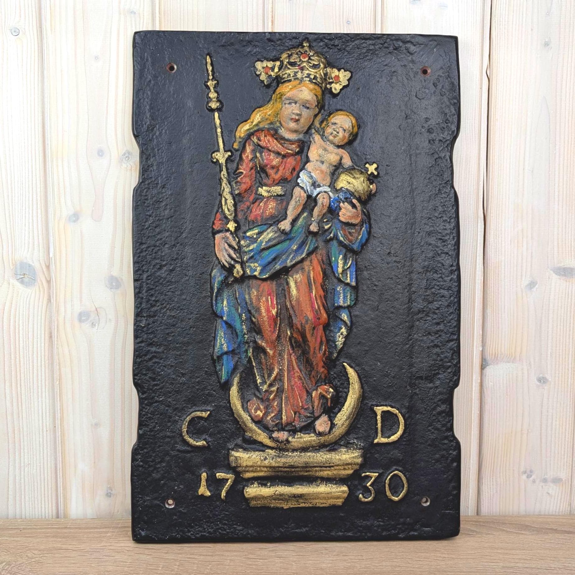Cast Iron Fireback Madonna Child 1730, Polychrome Painted Relief, Antique Wall Plaque