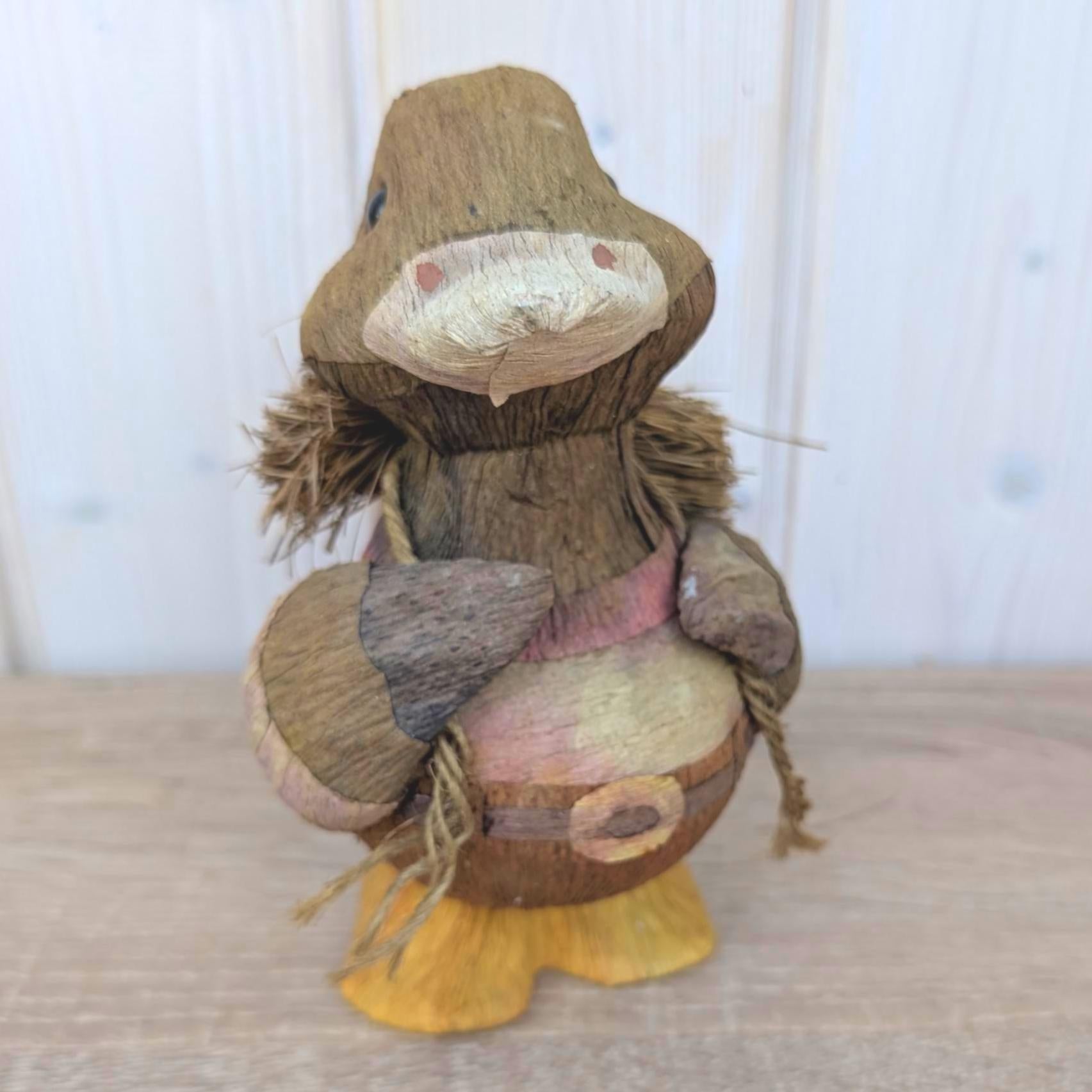 Coconut Shell Duck Figurine, Handmade Natural Fiber Folk Art, Boho Decor, 1980s