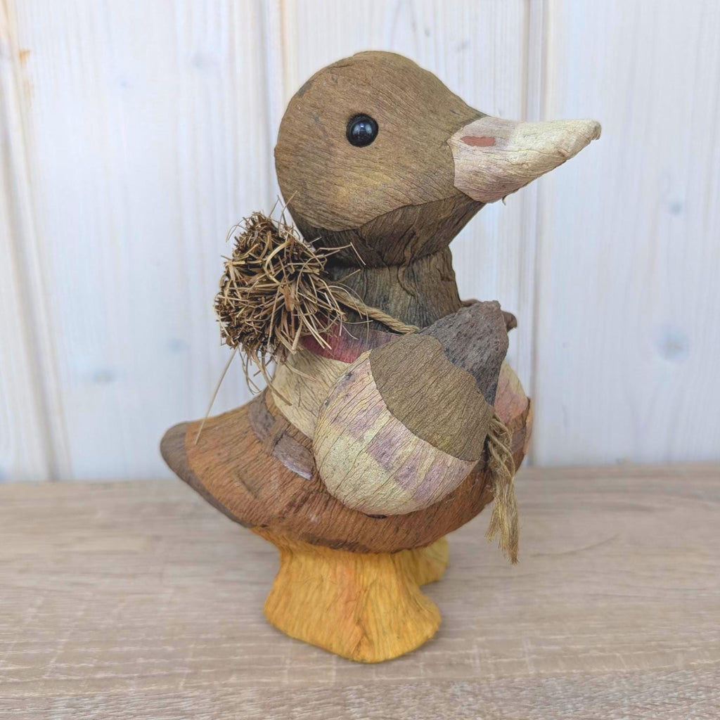 Coconut Shell Duck Figurine, Handmade Natural Fiber Folk Art, Boho Decor, 1980s