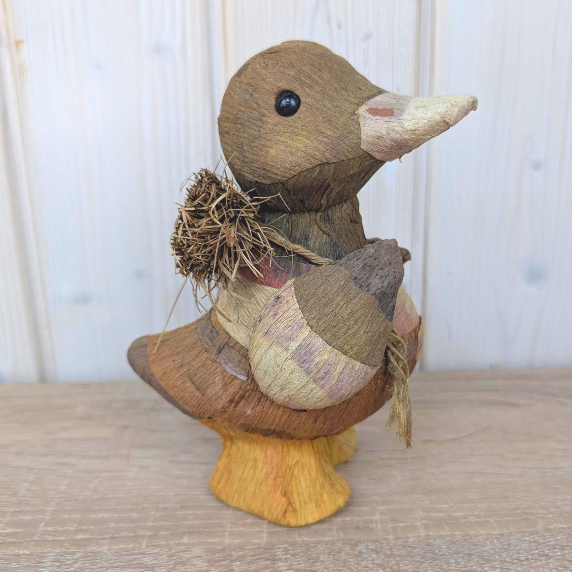 Coconut Shell Duck Figurine, Handmade Natural Fiber Folk Art, Boho Decor, 1980s