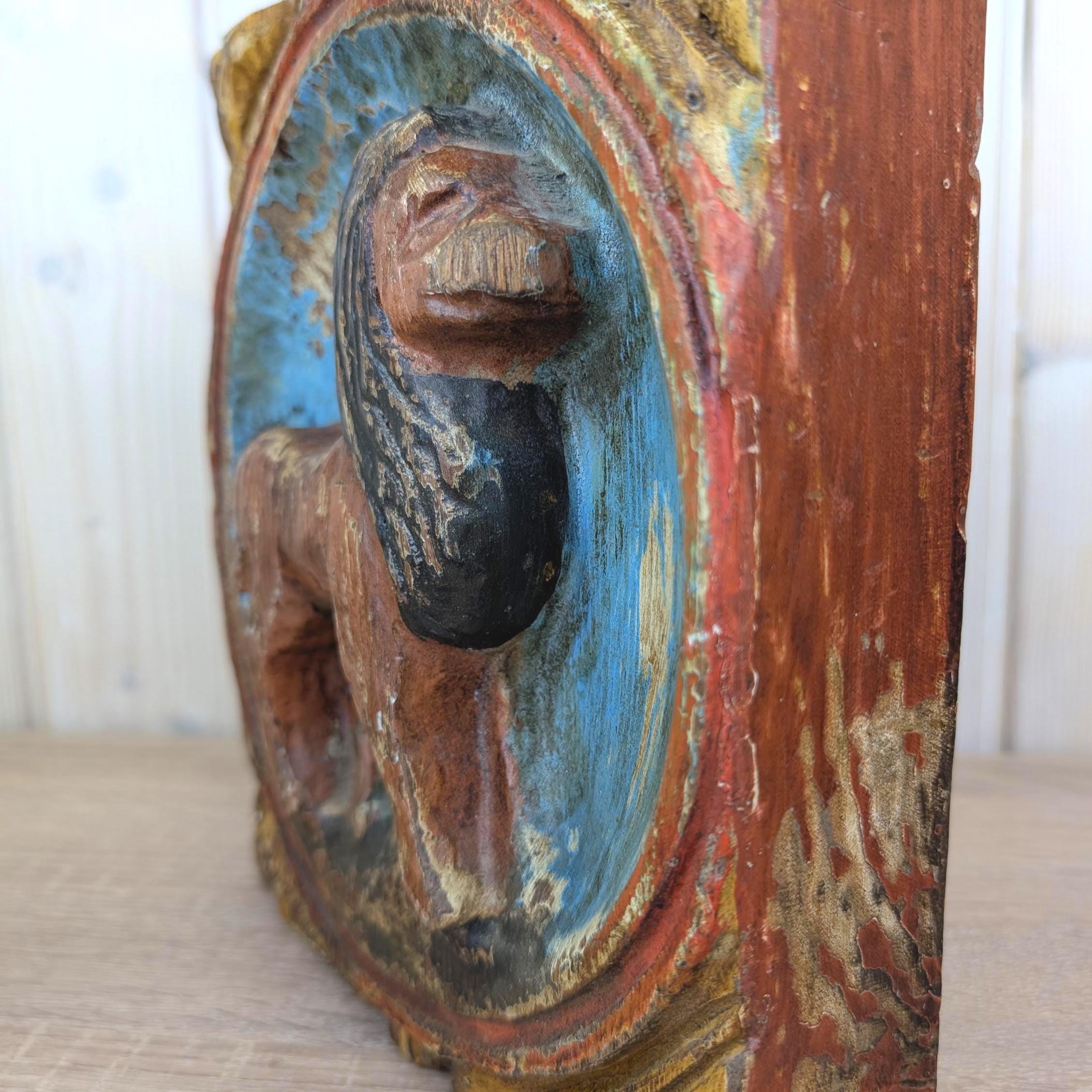 Zodiac Plaque Leo, Hand Carved Wood , Polychrome Relief Wall Panel, Folk Art, Lion Sign, 1960s