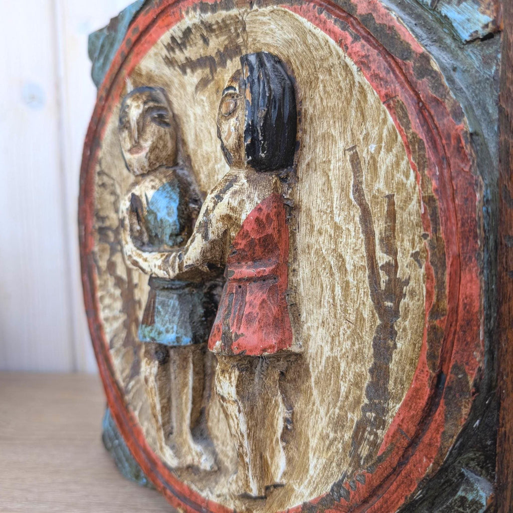 Zodiac Plaque Gemini, Hand Carved Wood, Polychrome Relief Wall Panel, Folk Art, Twins Sign, 1960s
