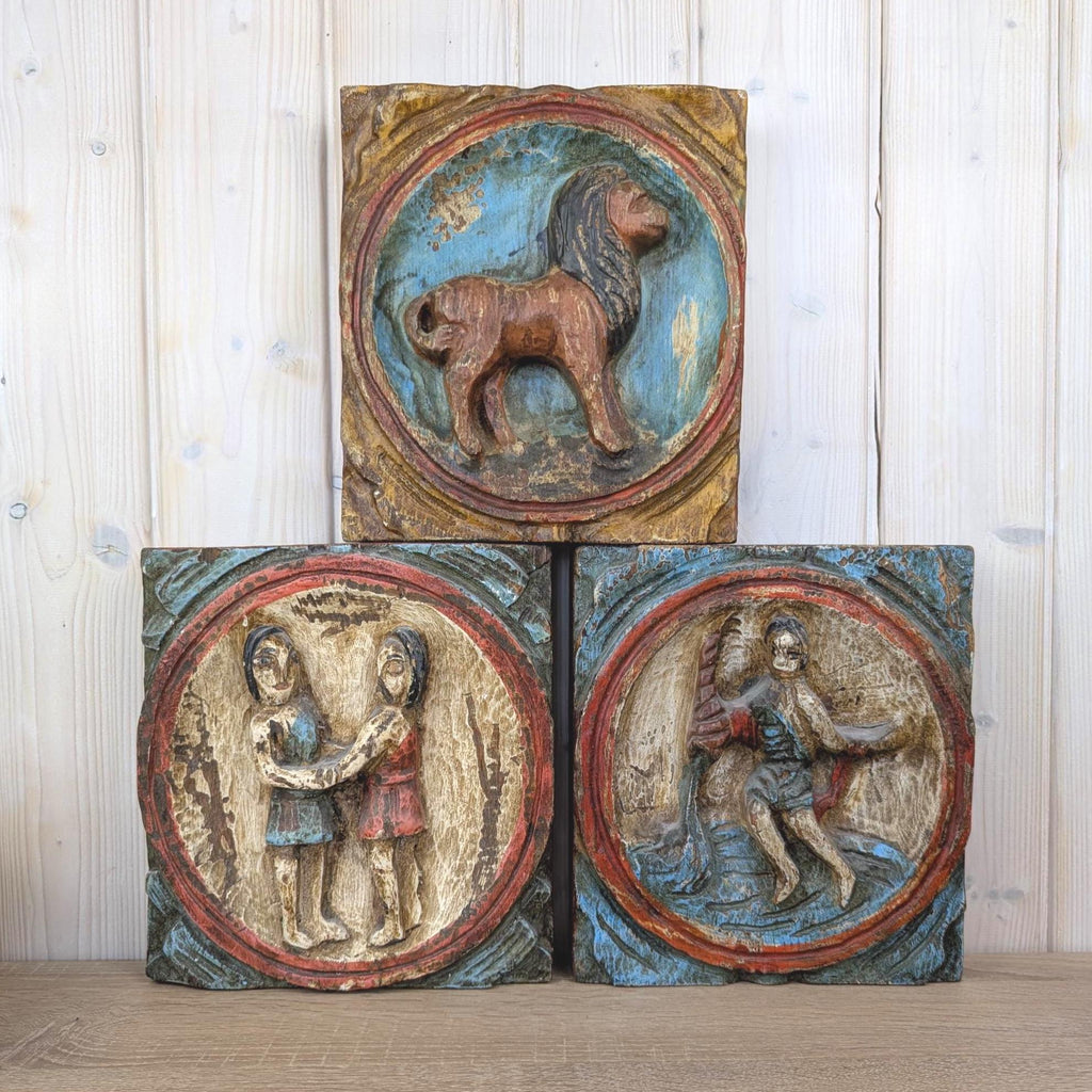 Zodiac Plaque Gemini, Hand Carved Wood, Polychrome Relief Wall Panel, Folk Art, Twins Sign, 1960s
