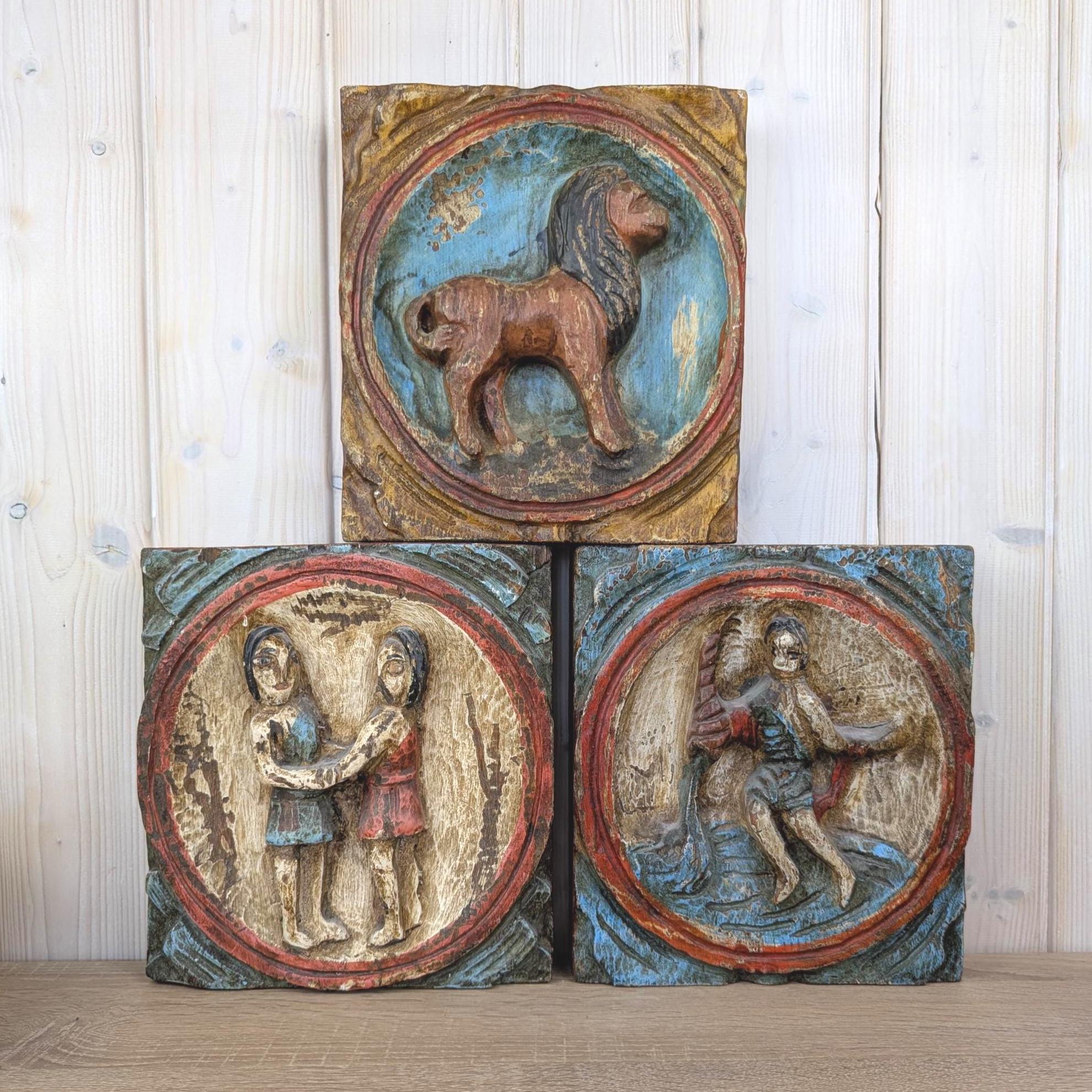 Zodiac Plaque Gemini, Hand Carved Wood, Polychrome Relief Wall Panel, Folk Art, Twins Sign, 1960s