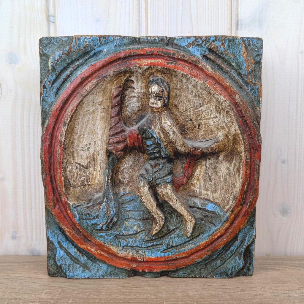 Zodiac Plaque Aquarius, Hand Carved Wood , Polychrome Relief Wall Panel, Folk Art, Water Bearer, 1960s