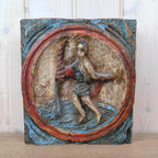 Zodiac Plaque Aquarius, Hand Carved Wood , Polychrome Relief Wall Panel, Folk Art, Water Bearer, 1960s