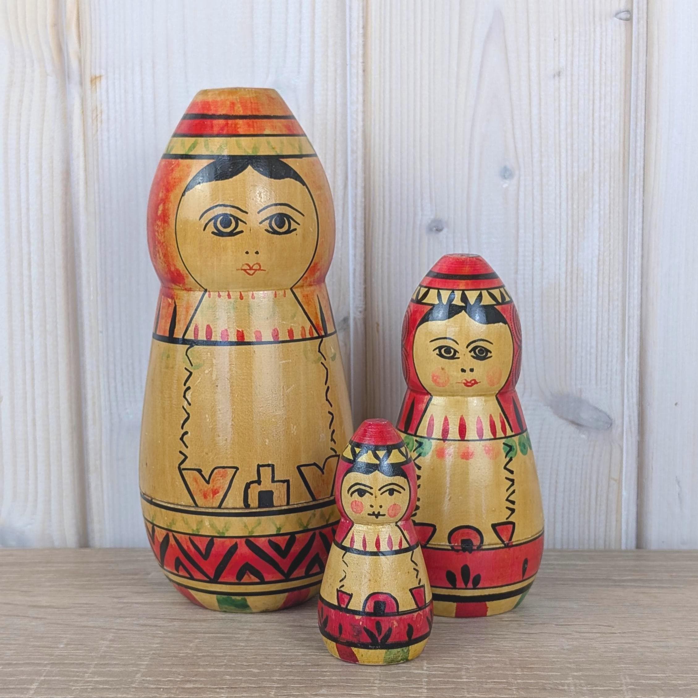 Russian Matryoshka Nesting Doll Set of 3, Made in USSR, Geometric Folk Art, Torpedo Shape, 1970s