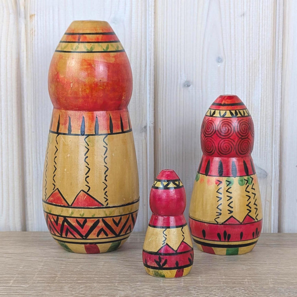 Russian Matryoshka Nesting Doll Set of 3, Made in USSR, Geometric Folk Art, Torpedo Shape, 1970s