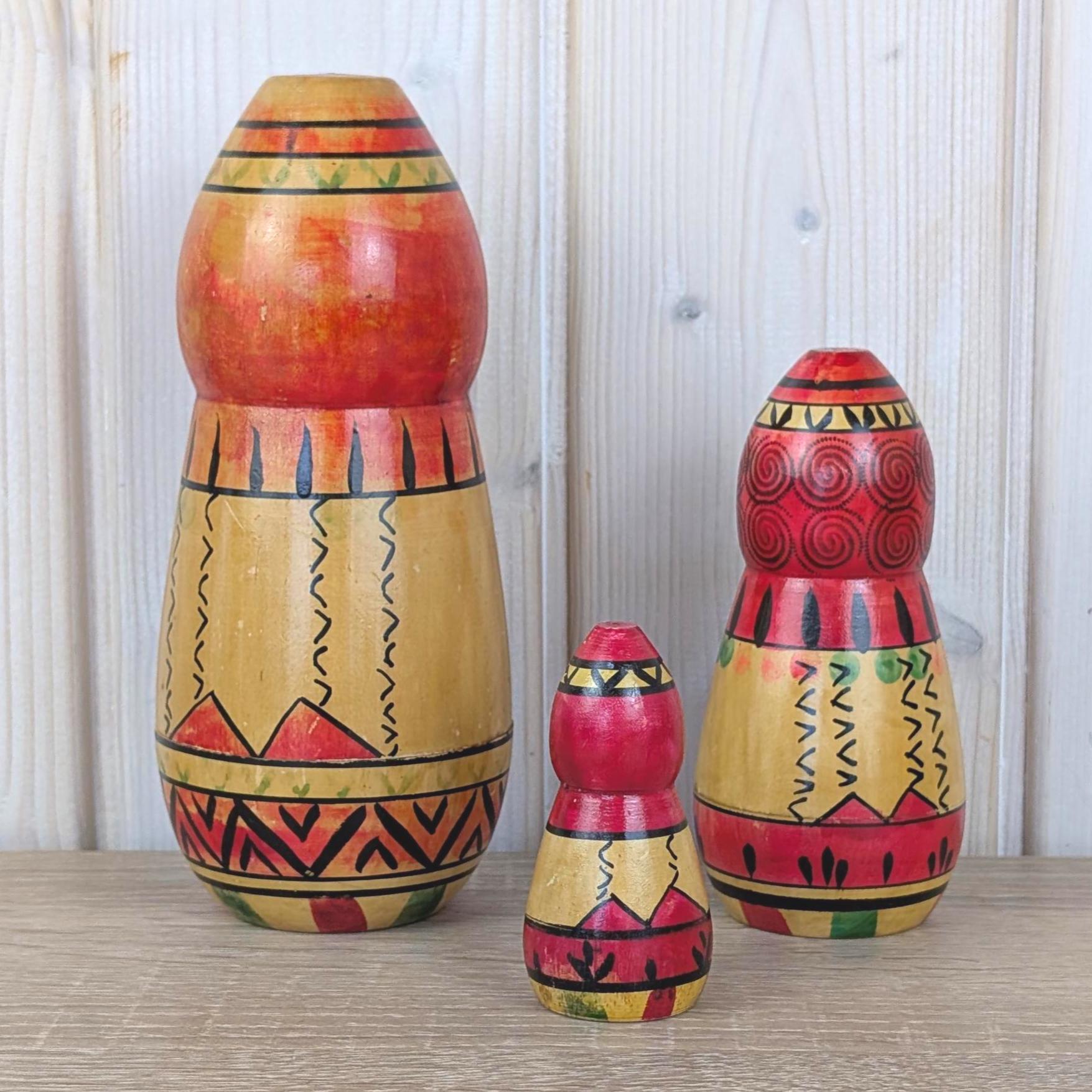 Russian Matryoshka Nesting Doll Set of 3, Made in USSR, Geometric Folk Art, Torpedo Shape, 1970s