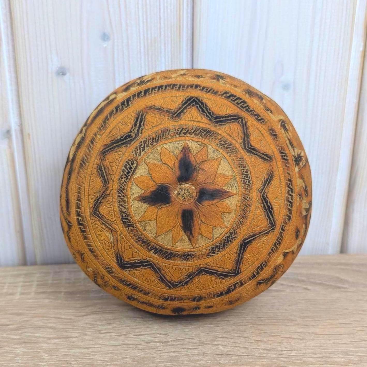 Peruvian Carved Gourd Mate Burilado, Andean Folk Art, Alpaca Village Scene, Geometric, 1970s
