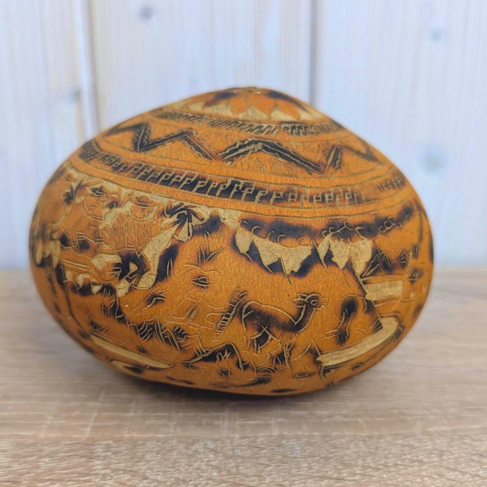Peruvian Carved Gourd Mate Burilado, Andean Folk Art, Alpaca Village Scene, Geometric, 1970s