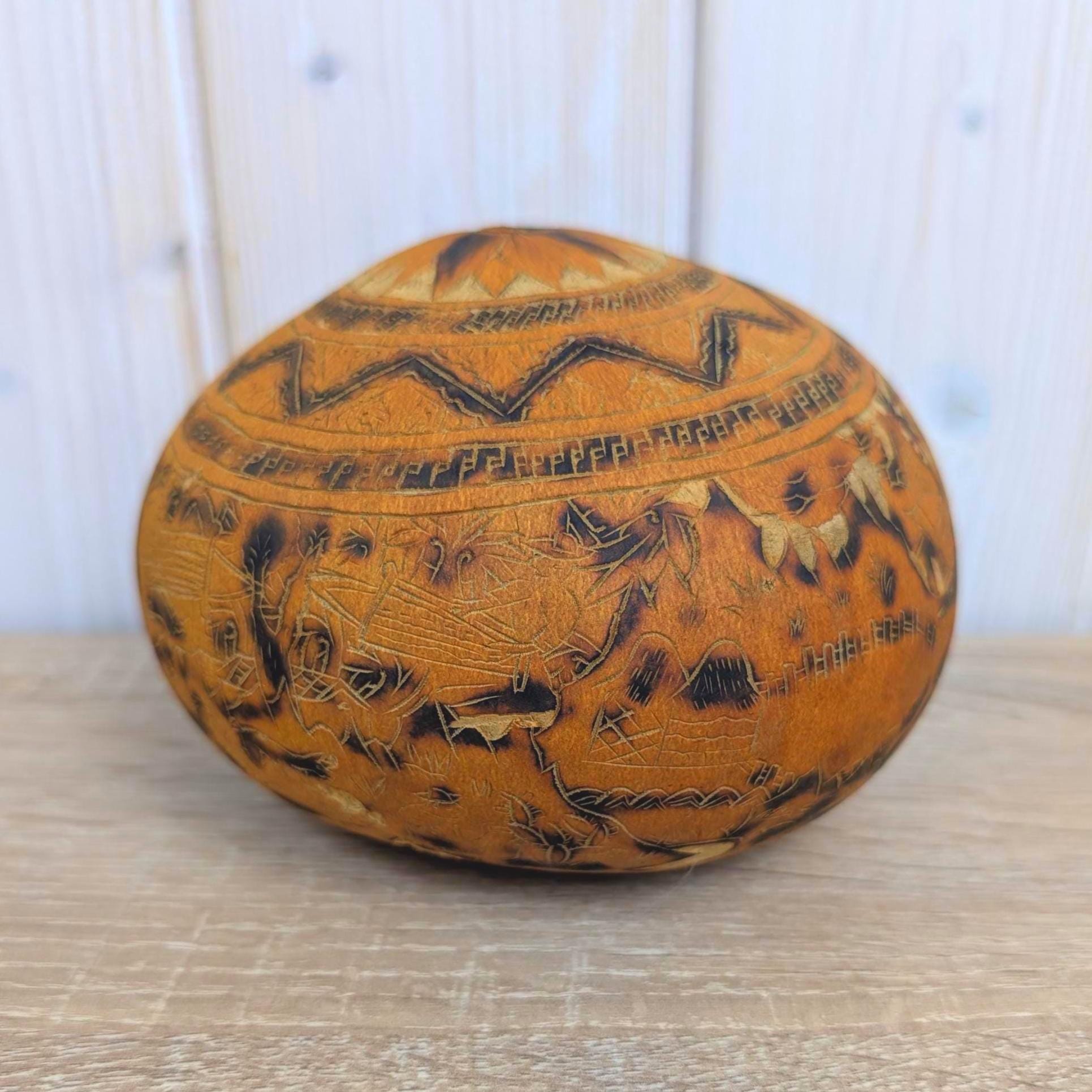 Peruvian Carved Gourd Mate Burilado, Andean Folk Art, Alpaca Village Scene, Geometric, 1970s