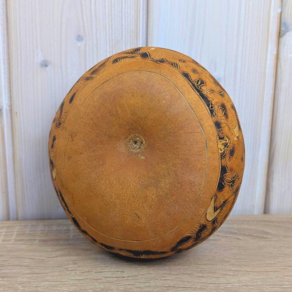 Peruvian Carved Gourd Mate Burilado, Andean Folk Art, Alpaca Village Scene, Geometric, 1970s