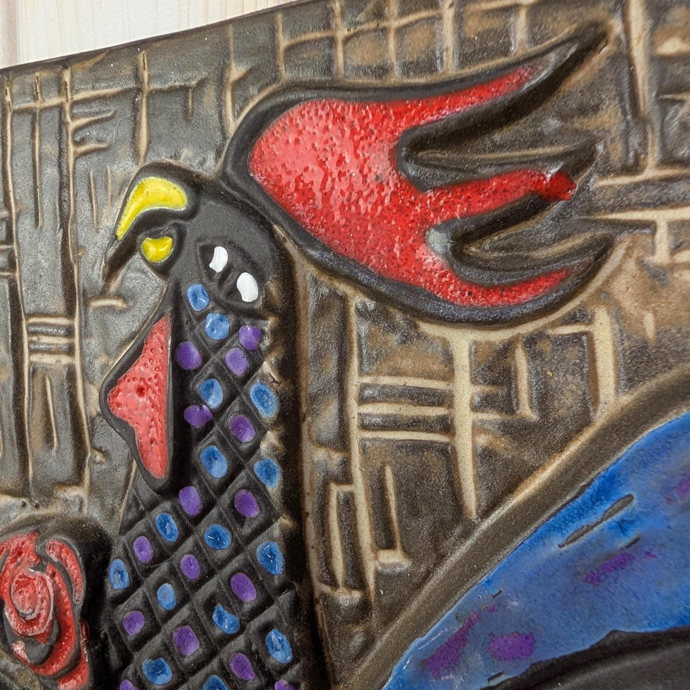 Ceramic Rooster Wall Plaque, Relief Folk Art, Chamotte Stoneware, Colourful Glazed Cockerel with Rose, Mid Century Wall Decor, 1960s 1970s