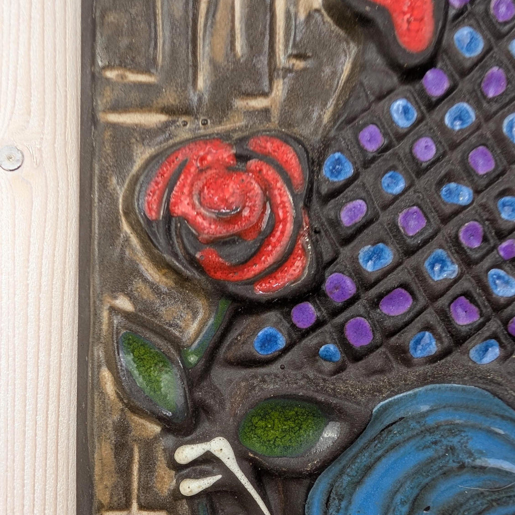 Ceramic Rooster Wall Plaque, Relief Folk Art, Chamotte Stoneware, Colourful Glazed Cockerel with Rose, Mid Century Wall Decor, 1960s 1970s