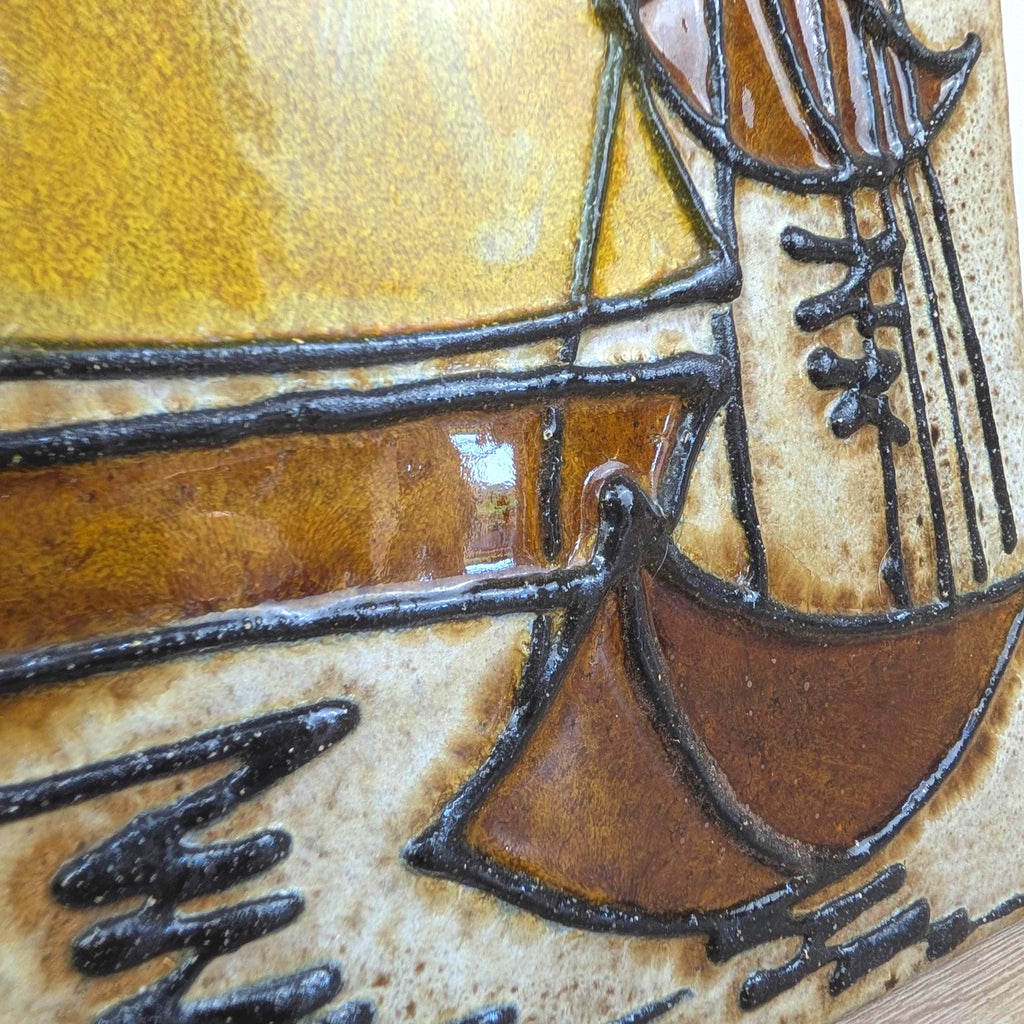 Ceramic Sailboat Wall Plaque, Nautical Relief, Glazed Stoneware, Sun Motif, Mid Century Wall Art, 1960s 1970s