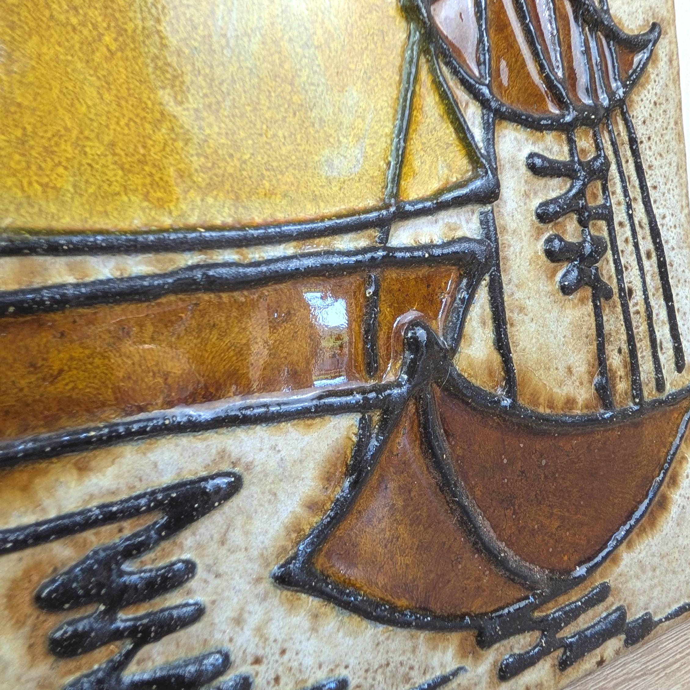 Ceramic Sailboat Wall Plaque, Nautical Relief, Glazed Stoneware, Sun Motif, Mid Century Wall Art, 1960s 1970s