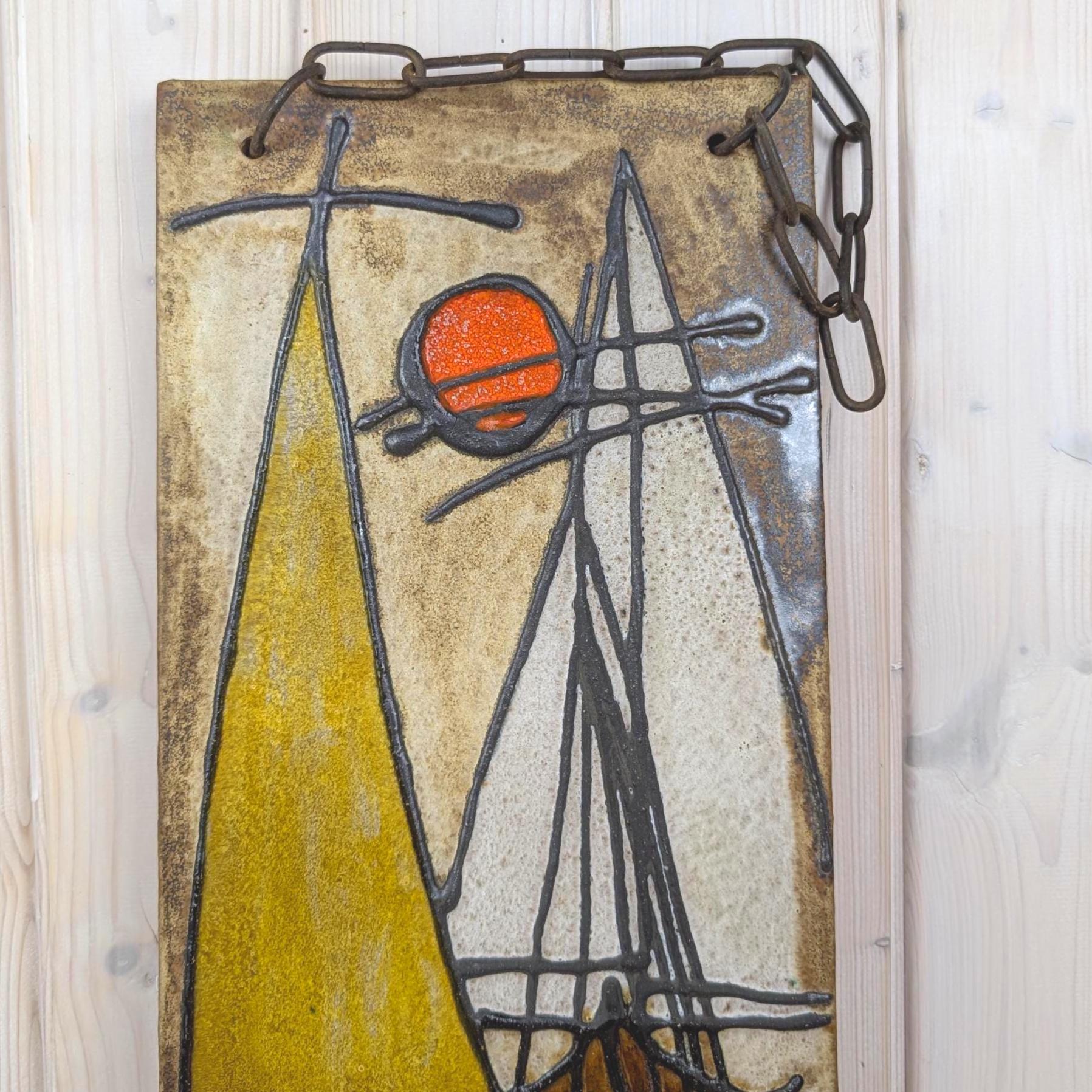Ceramic Sailboat Wall Plaque, Nautical Relief, Glazed Stoneware, Sun Motif, Mid Century Wall Art, 1960s 1970s