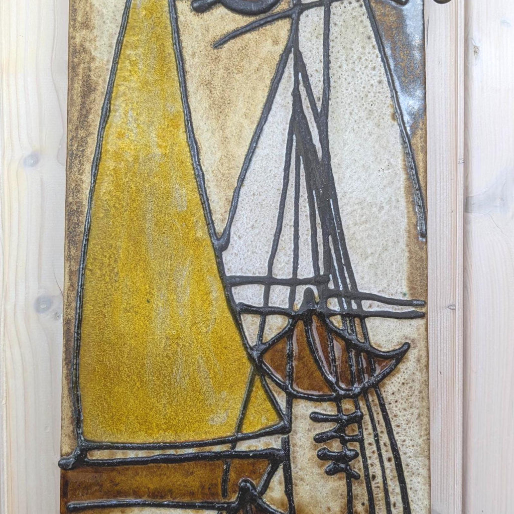 Ceramic Sailboat Wall Plaque, Nautical Relief, Glazed Stoneware, Sun Motif, Mid Century Wall Art, 1960s 1970s