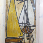 Ceramic Sailboat Wall Plaque, Nautical Relief, Glazed Stoneware, Sun Motif, Mid Century Wall Art, 1960s 1970s