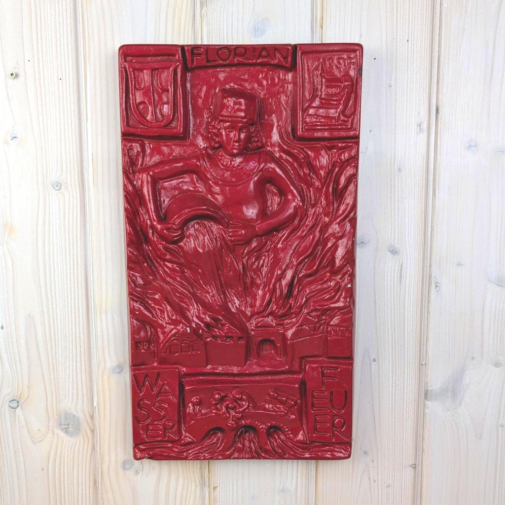 Saint Florian Wall Plaque, Ceramic Relief, Red Glazed, Patron Saint Firefighters, German Folk Art, Wasser Feuer