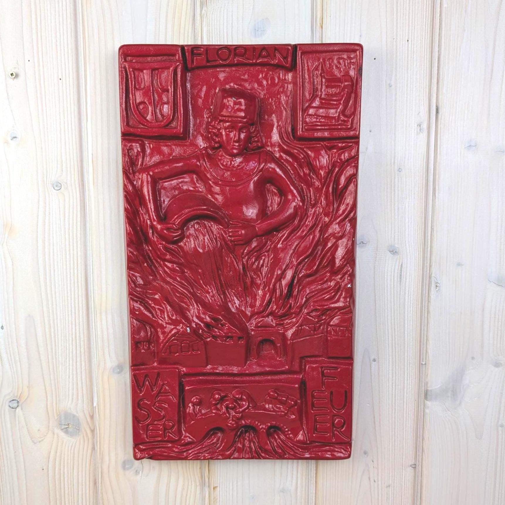 Saint Florian Wall Plaque, Ceramic Relief, Red Glazed, Patron Saint Firefighters, German Folk Art, Wasser Feuer